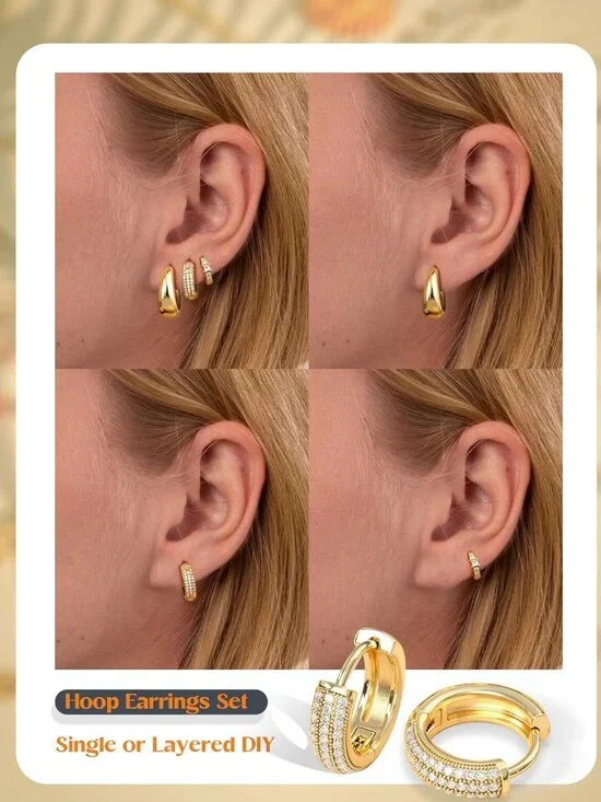 Small 14K Gold Plated Chunky Hoop Earrings for Women Hypoallergenic Silver Earri - Picture 4 of 9